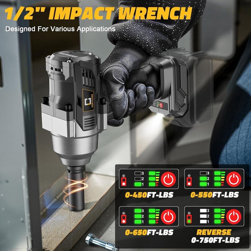 Cerycose Cordless impact Wrench 1/2 inch Compatible with Dewalt Battery, 750FT-LBS (1000N.m) Brushless Electric Impact Gun Includes LED Work Light with 6 Sockets, High Torque Impact Driver, Bare Tool Only - Image 4